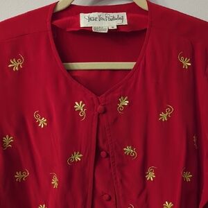 Vintage 80s Diane Von Furstenberg Red Blouse with Gold Embroidery